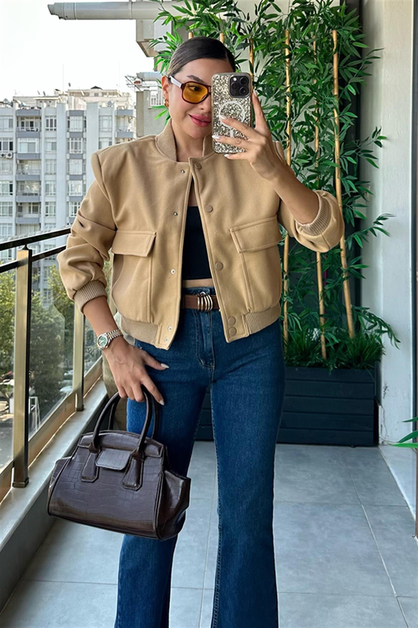 Reni karamel cepli bomber ceket