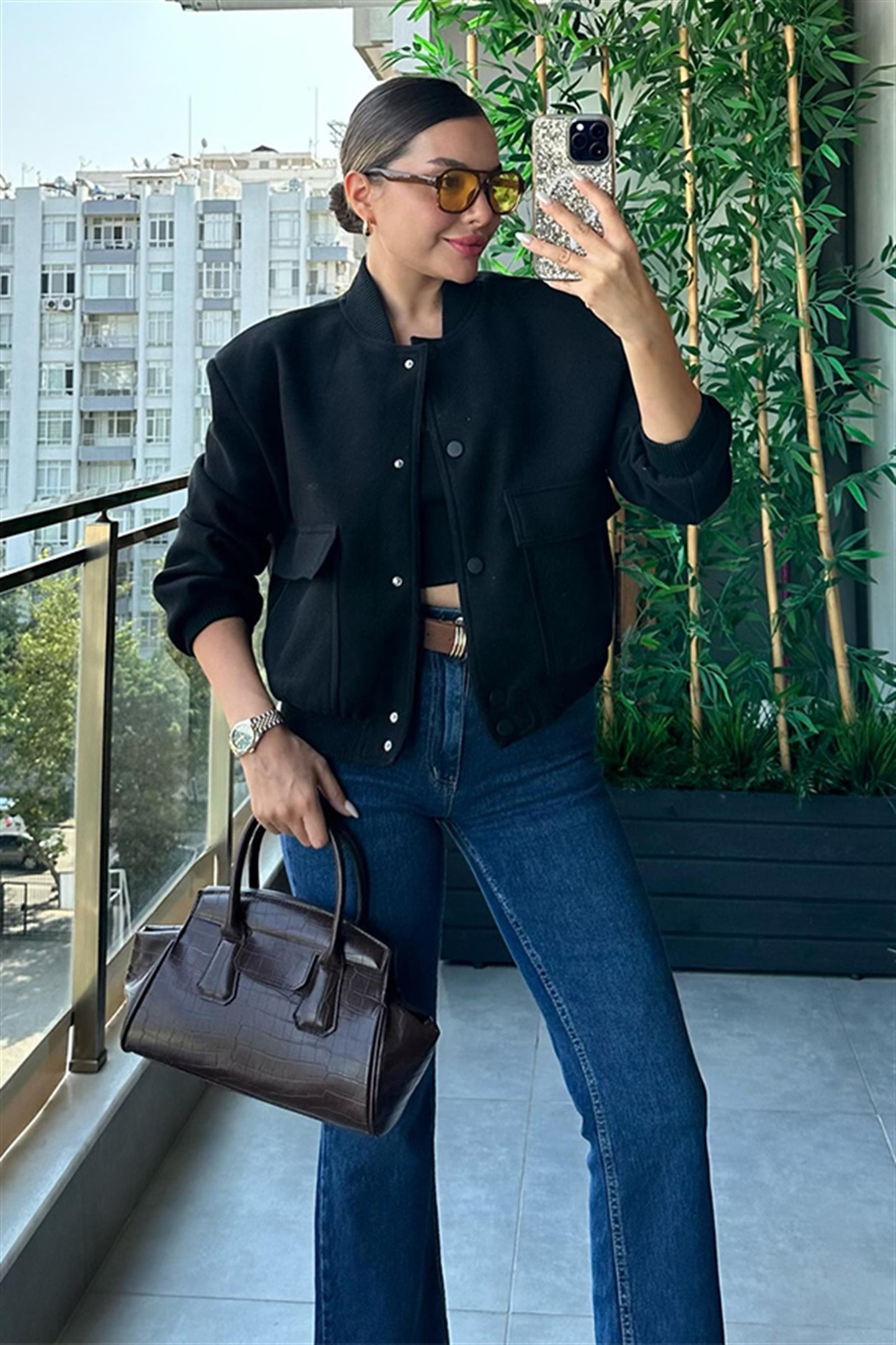 Reni siyah cepli bomber ceket