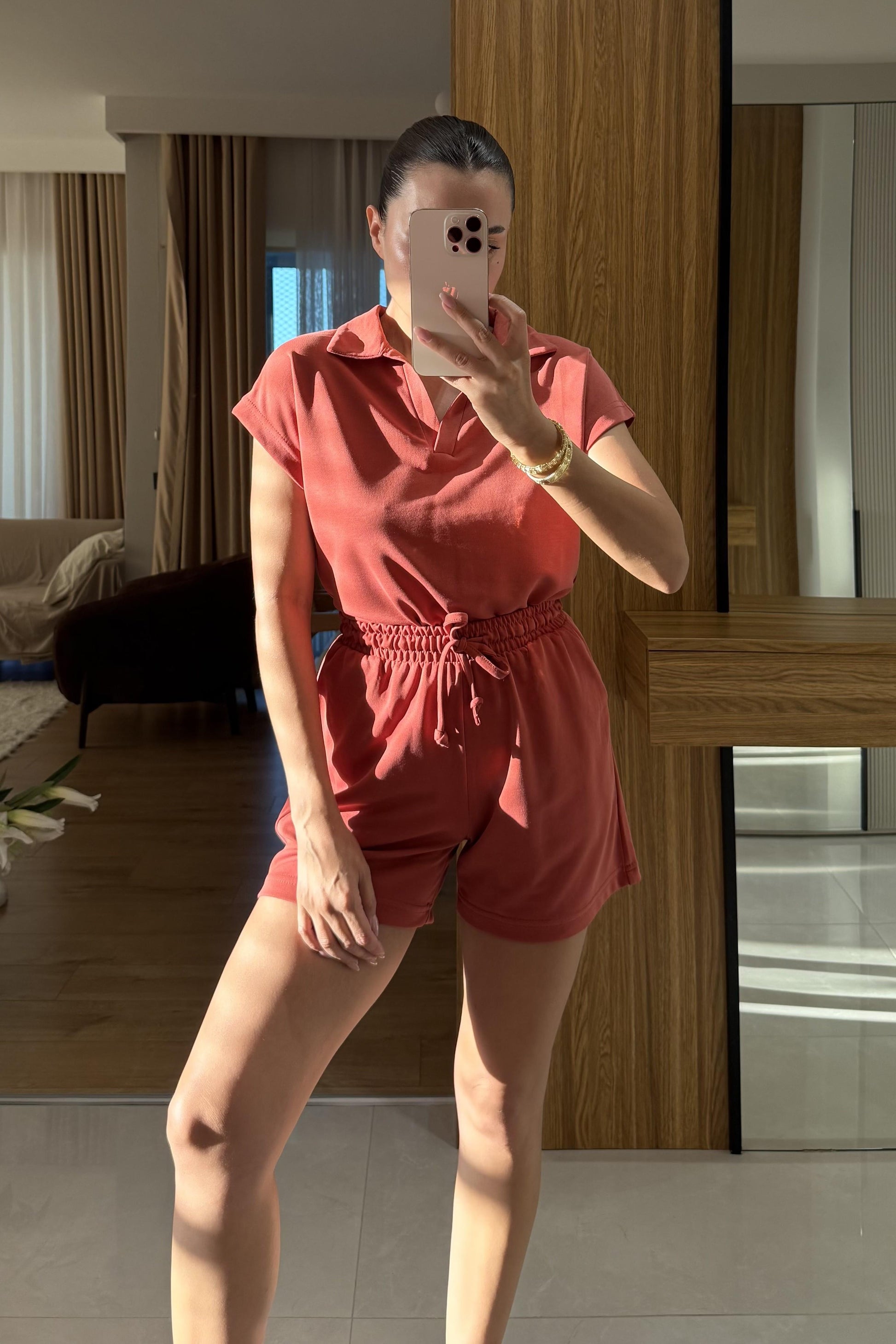 Renie Turuncu Pike Modal Şort Takım