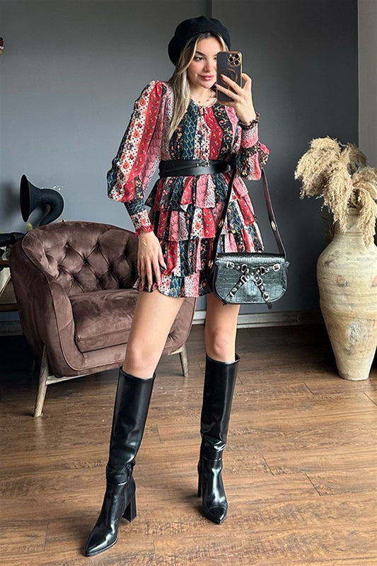 Renkli etnik desenli şifon kat kat elbise