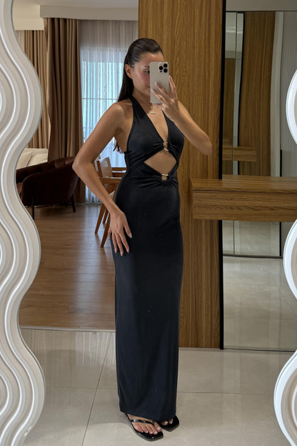 Renko Halka Detay Sırt Dekolteli Elbise