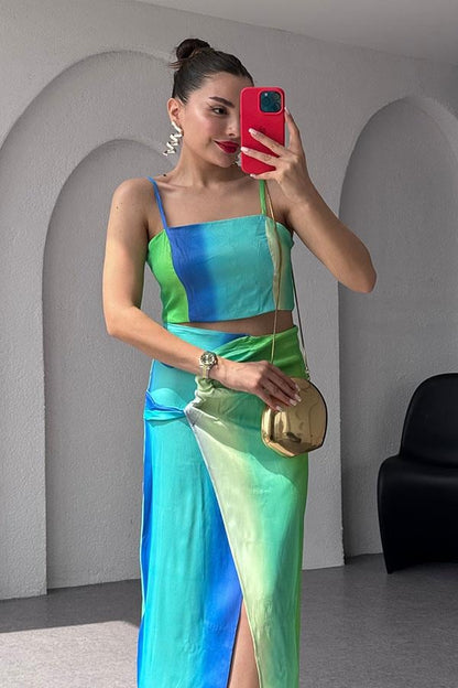 Renu Turkuaz Geçişli Etek - Crop Takım