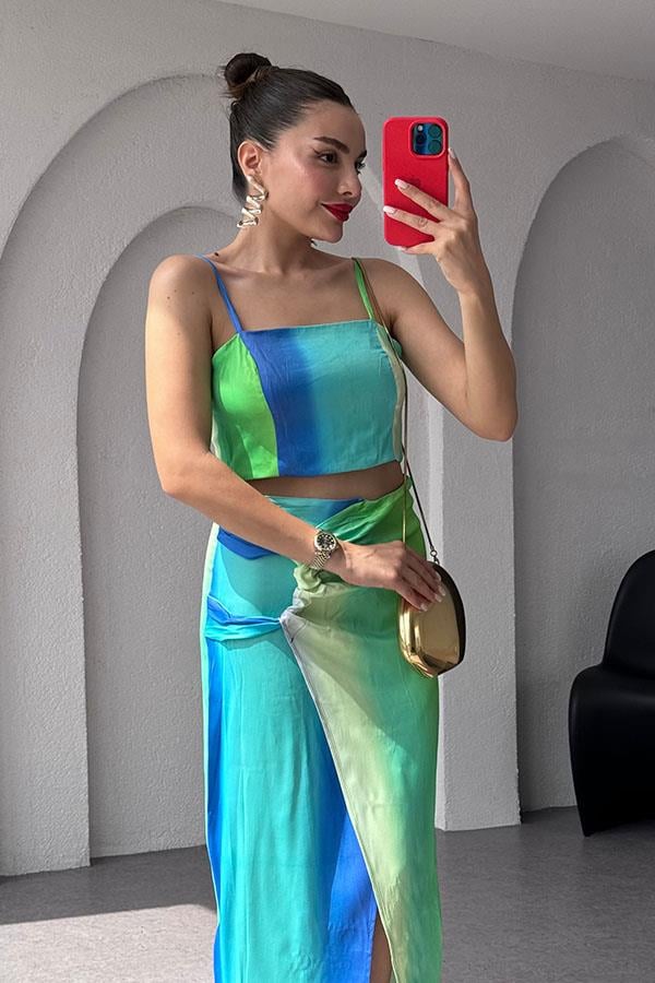 Renu Turkuaz Geçişli Etek - Crop Takım