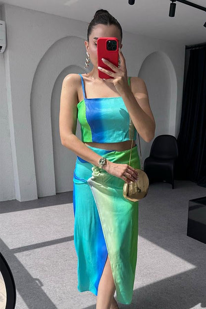 Renu Turkuaz Geçişli Etek - Crop Takım