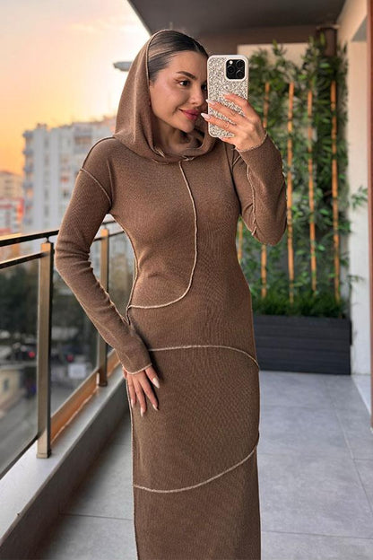 Rese Kontrast Dikişli Kapuşonlu Elbise - Camel