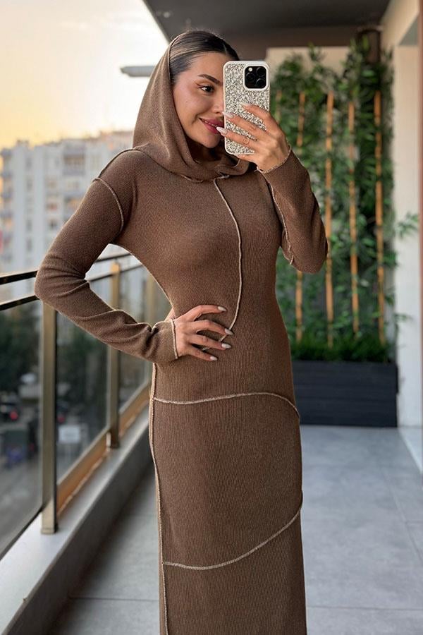 Rese Kontrast Dikişli Kapuşonlu Elbise - Camel