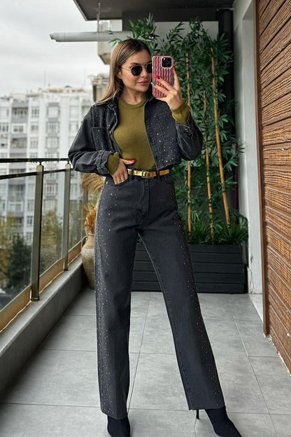 Resse Zımbalı Mom Jean - Kot Ceket Takım