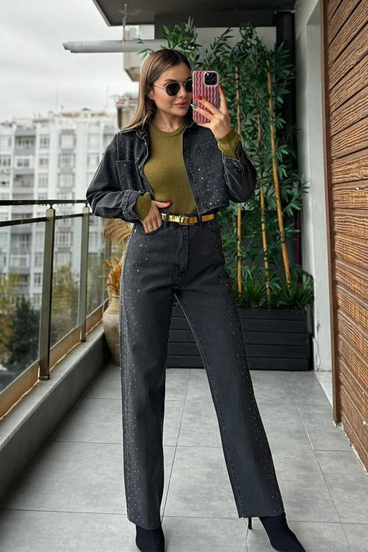 Resse Zımbalı Mom Jean - Kot Ceket Takım