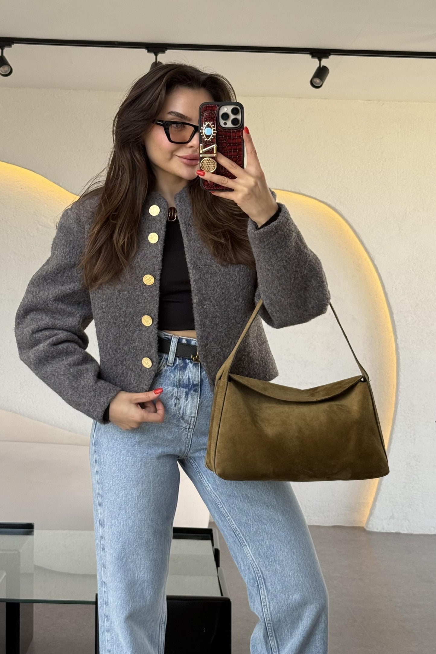 Riga Gri Gold Düğmeli Belden Oturtmalı Ceket