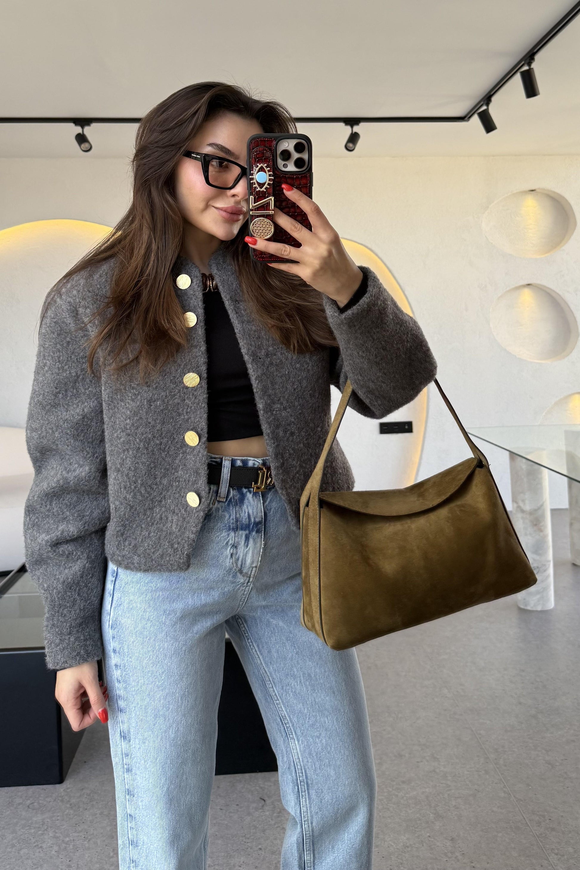 Riga Gri Gold Düğmeli Belden Oturtmalı Ceket