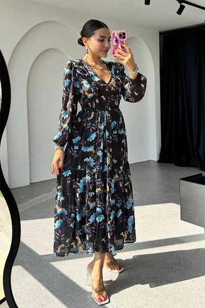 Rina Siyah Desenli Şifon Elbise