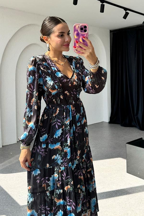 Rina Siyah Desenli Şifon Elbise