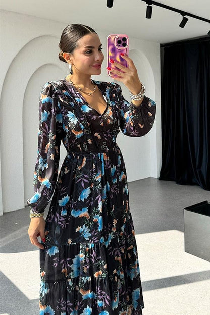 Rina Siyah Desenli Şifon Elbise