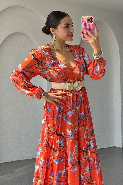 Rina Turuncu Desenli Şifon Elbise