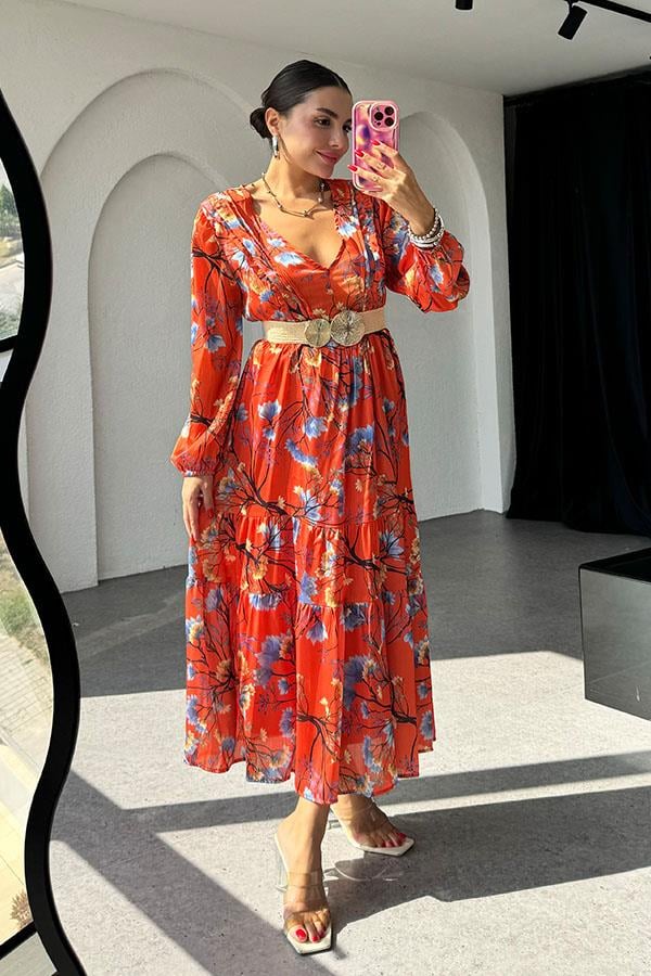 Rina Turuncu Desenli Şifon Elbise
