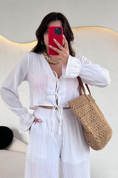 Rio Bağcıklı Bluz Pantolon Takım - Beyaz