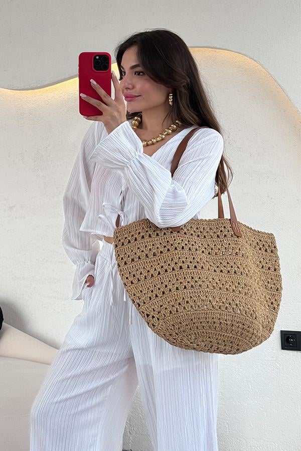 Rio Bağcıklı Bluz Pantolon Takım - Beyaz