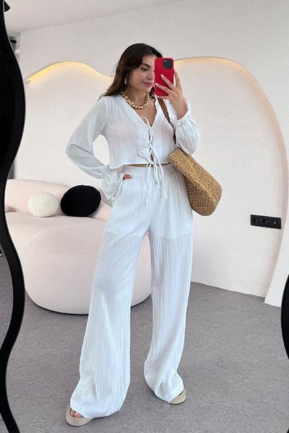 Rio Bağcıklı Bluz Pantolon Takım - Beyaz