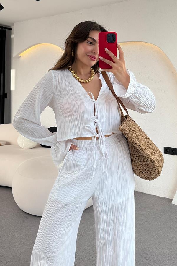 Rio Bağcıklı Bluz Pantolon Takım - Beyaz