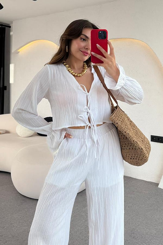 Rio Bağcıklı Bluz Pantolon Takım - Beyaz