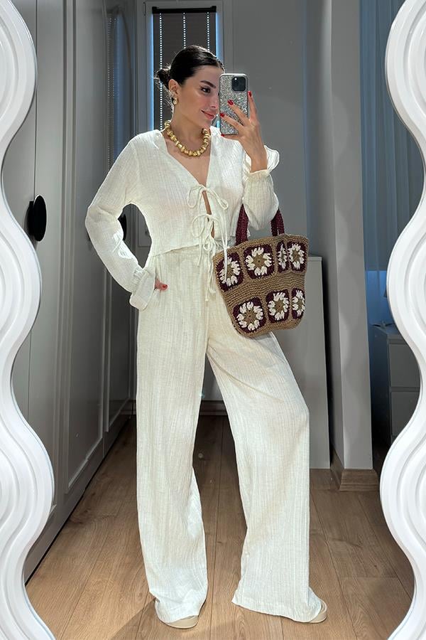Rio Bağcıklı Bluz Pantolon Takım - Krem