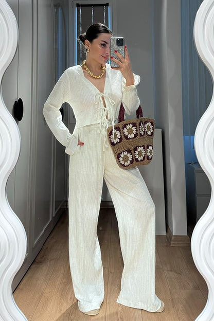 Rio Bağcıklı Bluz Pantolon Takım - Krem