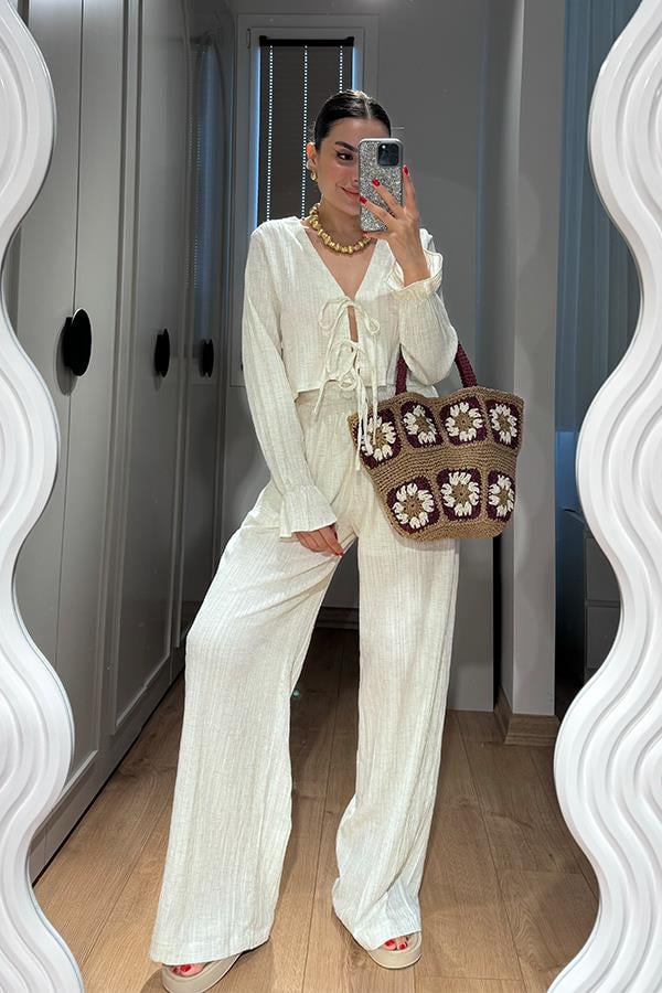 Rio Bağcıklı Bluz Pantolon Takım - Krem
