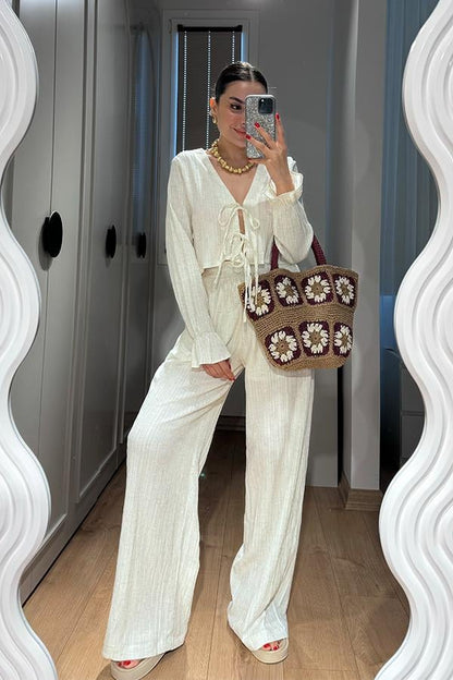 Rio Bağcıklı Bluz Pantolon Takım - Krem