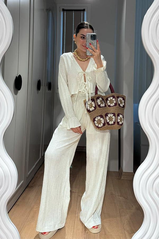 Rio Bağcıklı Bluz Pantolon Takım - Krem