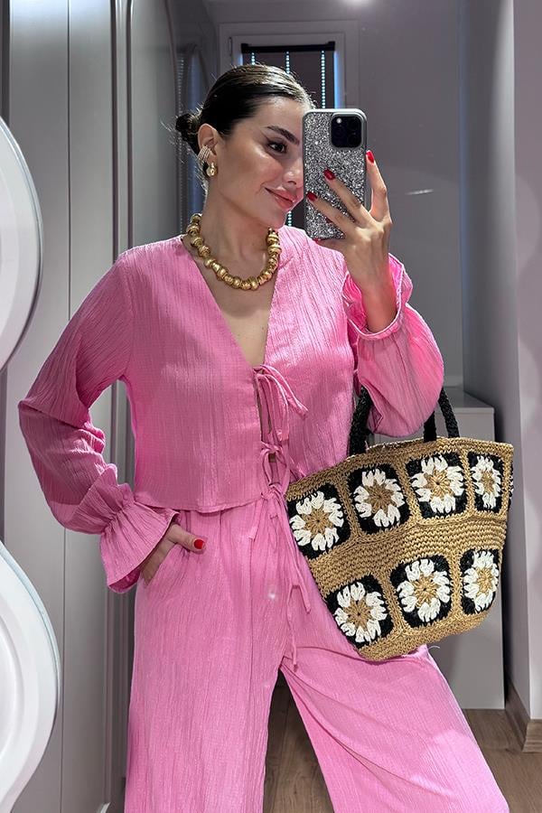 Rio Bağcıklı Bluz Pantolon Takım - Pembe