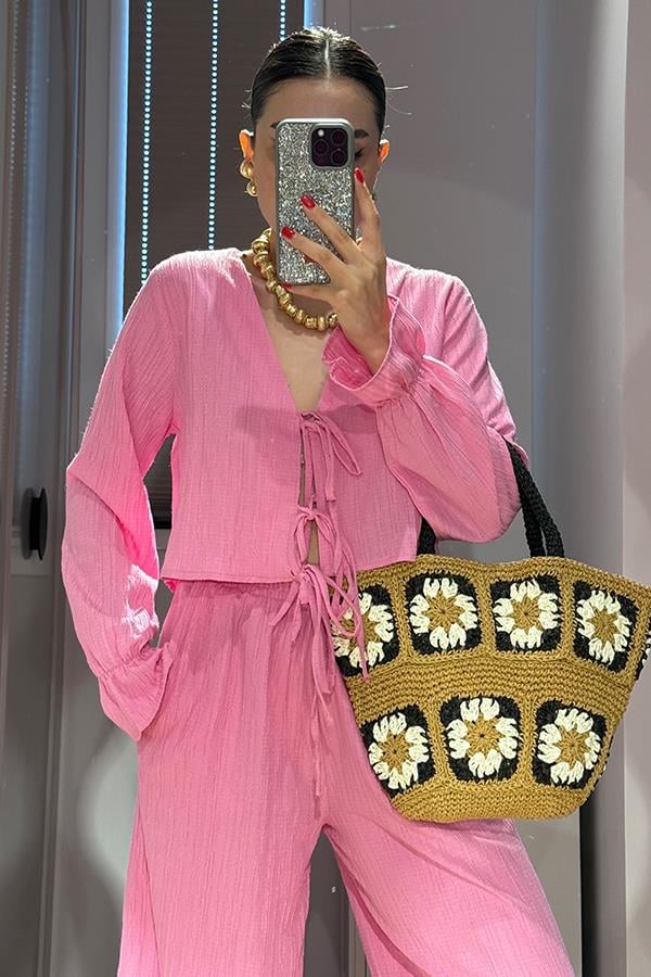 Rio Bağcıklı Bluz Pantolon Takım - Pembe