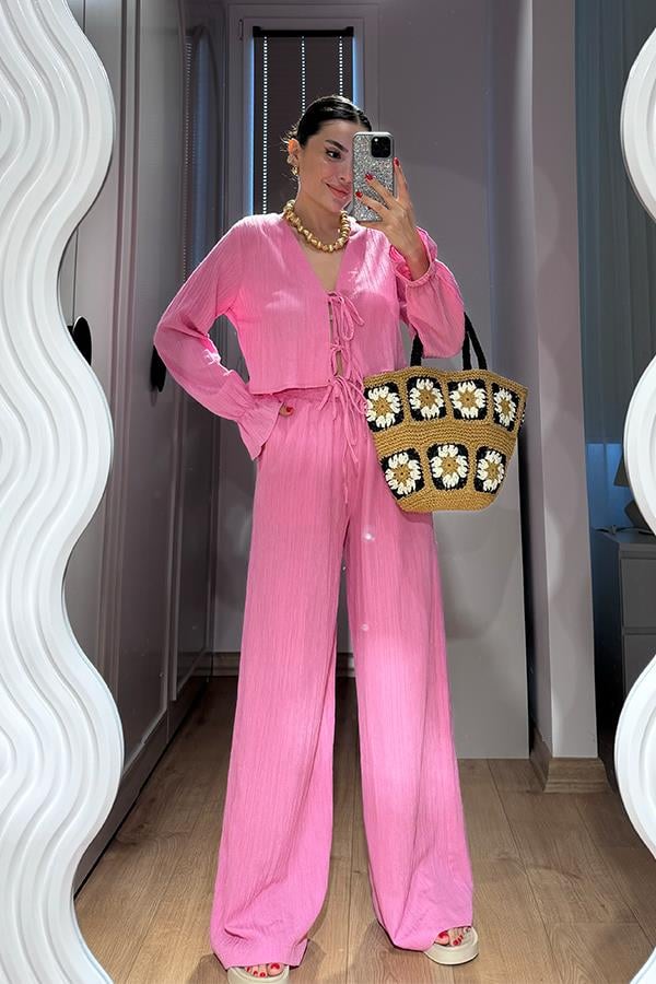 Rio Bağcıklı Bluz Pantolon Takım - Pembe