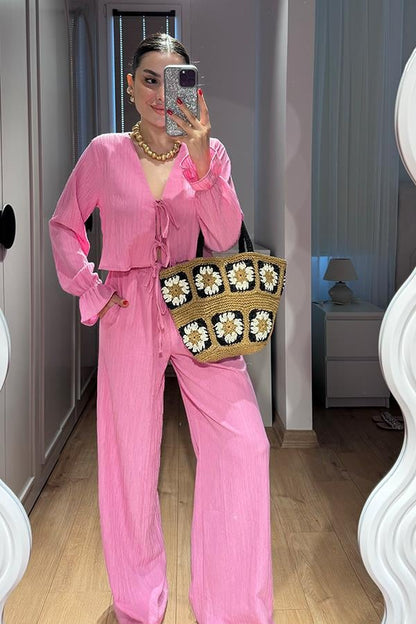 Rio Bağcıklı Bluz Pantolon Takım - Pembe