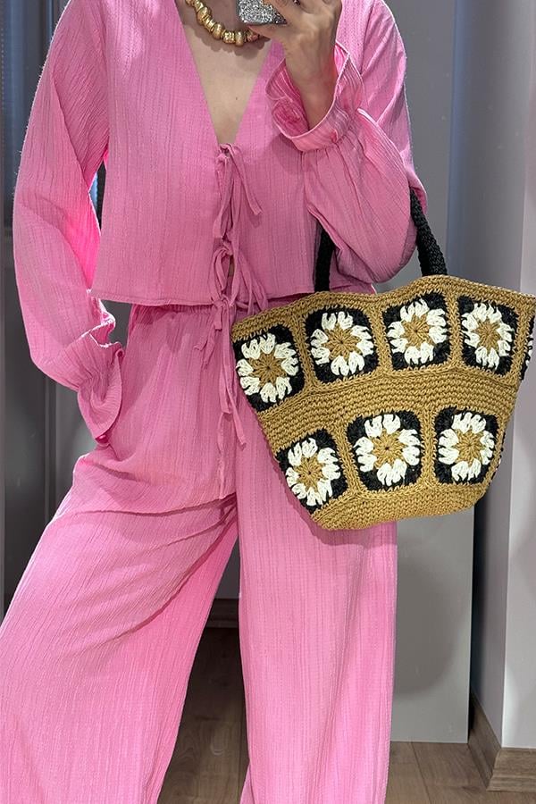 Rio Bağcıklı Bluz Pantolon Takım - Pembe