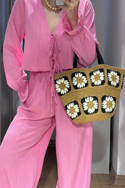 Rio Bağcıklı Bluz Pantolon Takım - Pembe