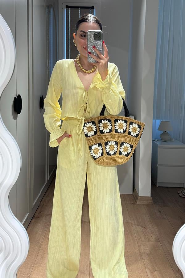 Rio Bağcıklı Bluz Pantolon Takım - Sarı