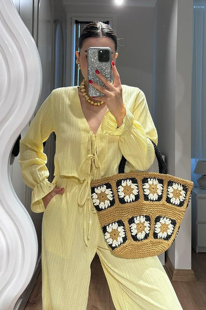 Rio Bağcıklı Bluz Pantolon Takım - Sarı