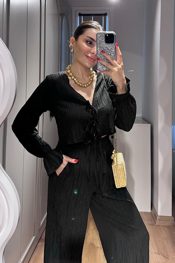 Rio Bağcıklı Bluz Pantolon Takım - Siyah