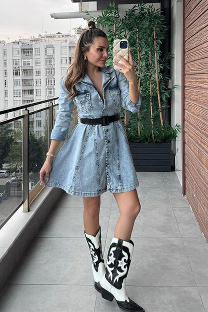 Rise Kol Düğme Detaylı Kemerli Kot Elbise