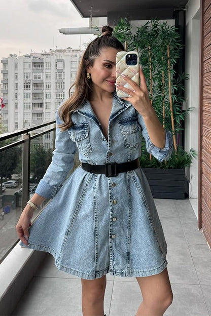 Rise Kol Düğme Detaylı Kemerli Kot Elbise