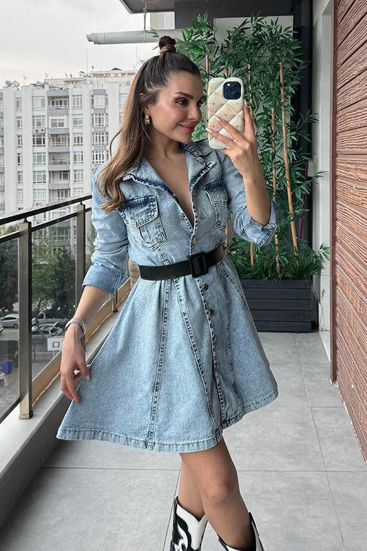 Rise Kol Düğme Detaylı Kemerli Kot Elbise