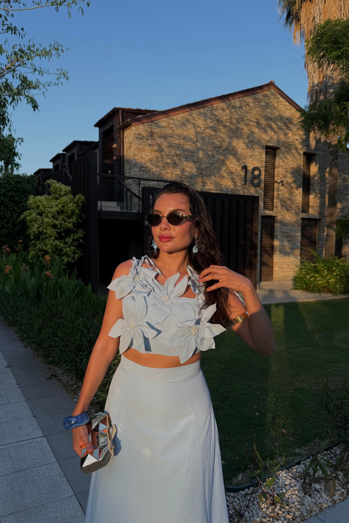 Rita Mavi Çiçekli Çan Etekli Takım