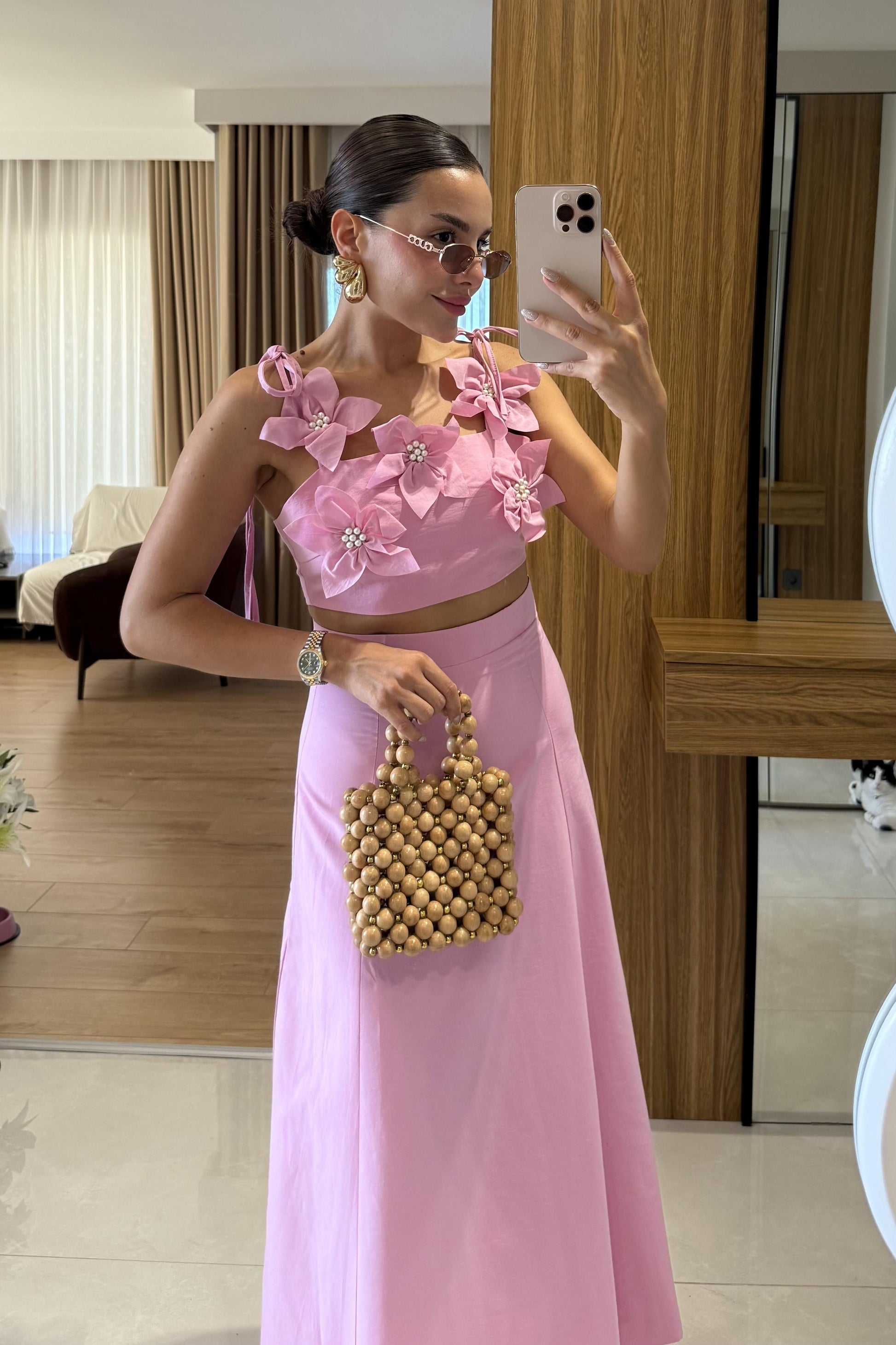 Rita Pembe Çiçekli Çan Etekli Takım