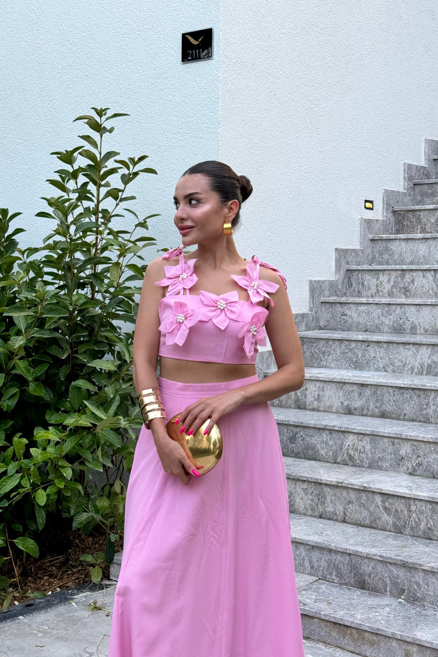 Rita Pembe Çiçekli Çan Etekli Takım