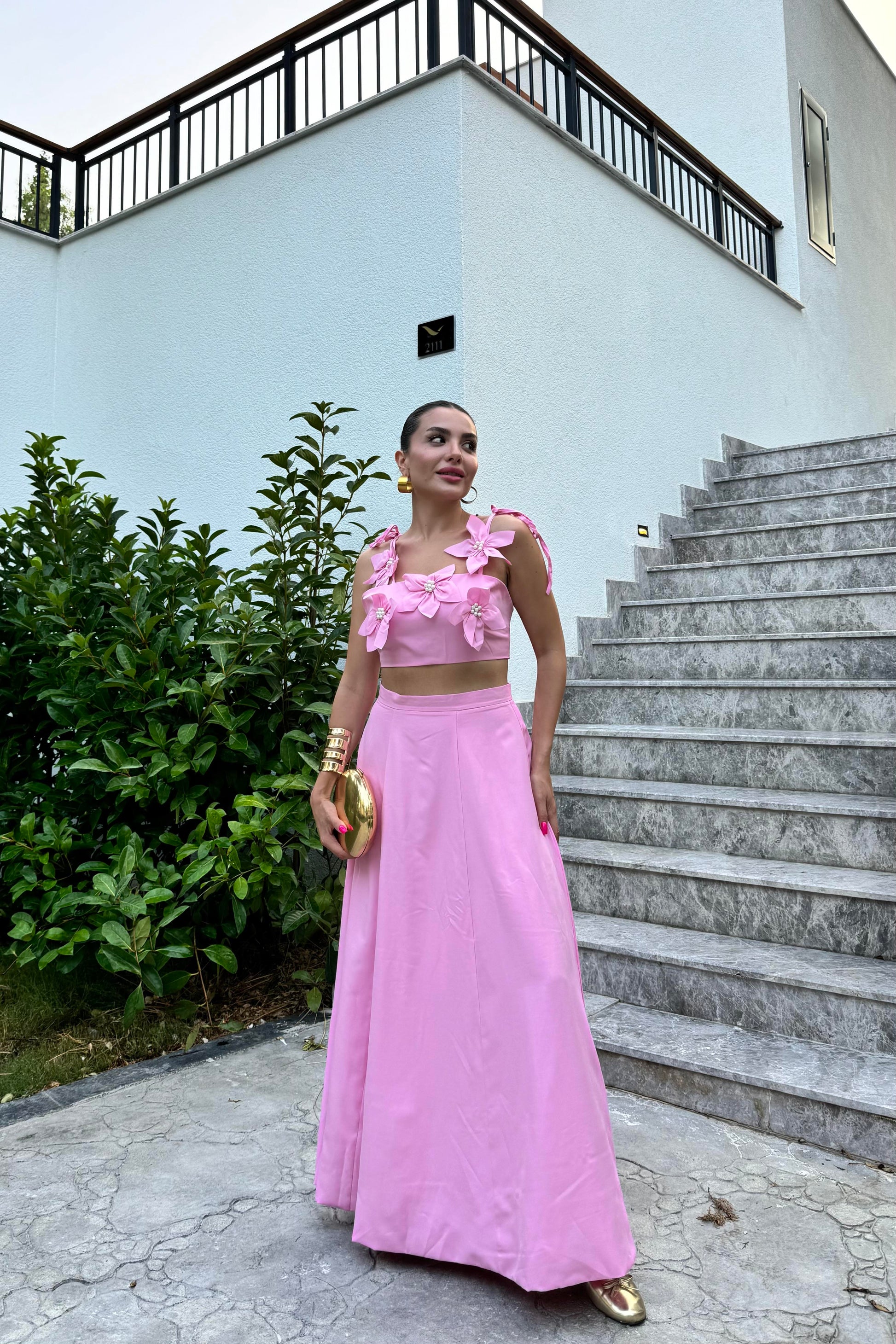 Rita Pembe Çiçekli Çan Etekli Takım