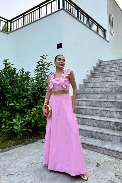 Rita Pembe Çiçekli Çan Etekli Takım