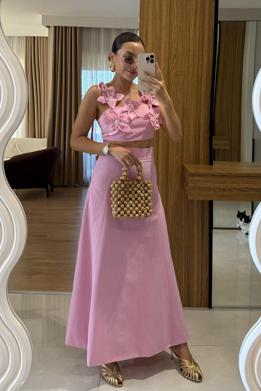 Rita Pembe Çiçekli Çan Etekli Takım