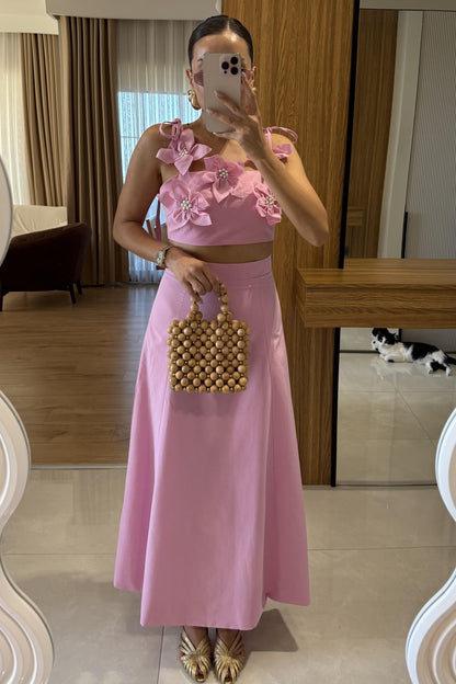 Rita Pembe Çiçekli Çan Etekli Takım