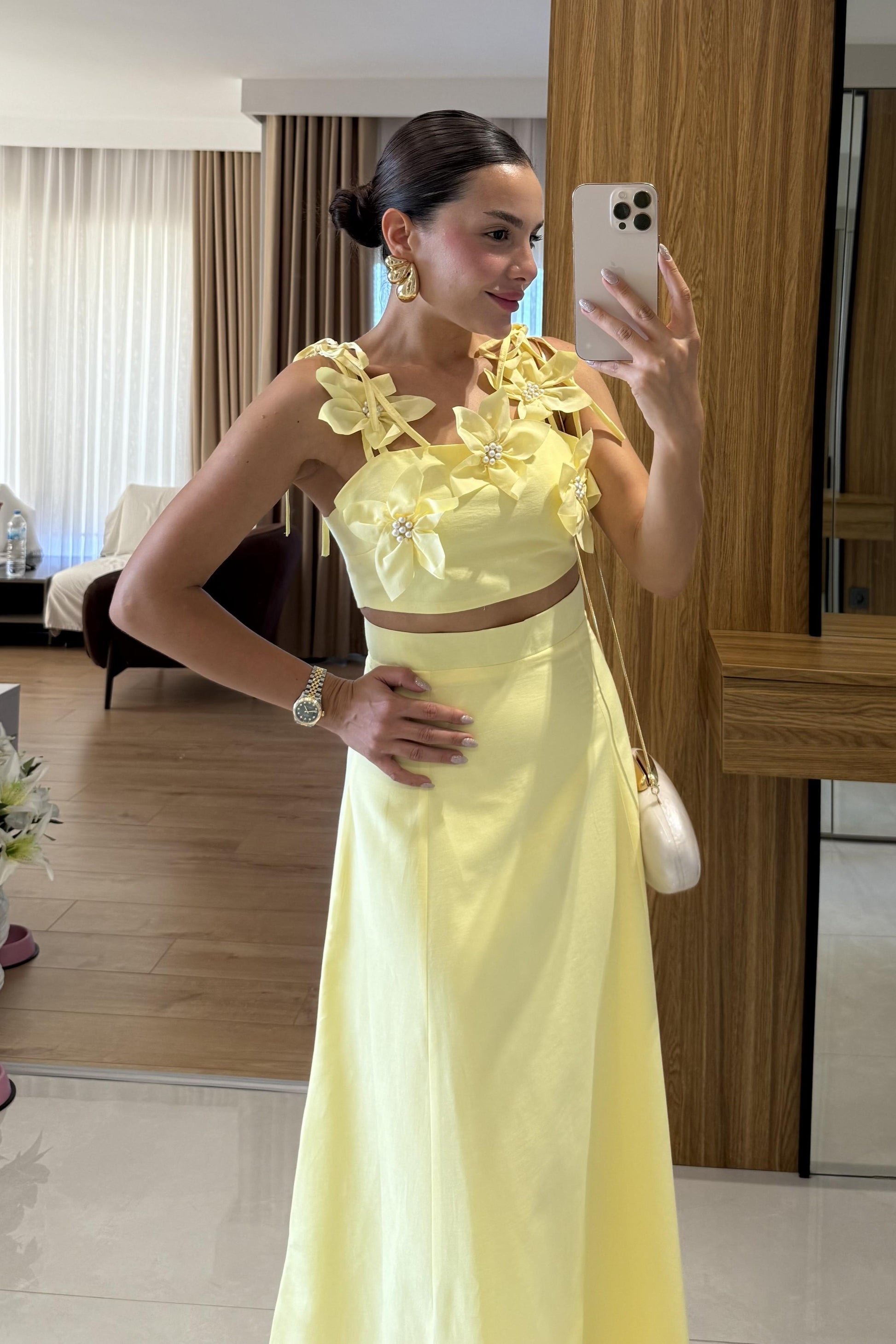 Rita Sarı Çiçekli Çan Etekli Takım