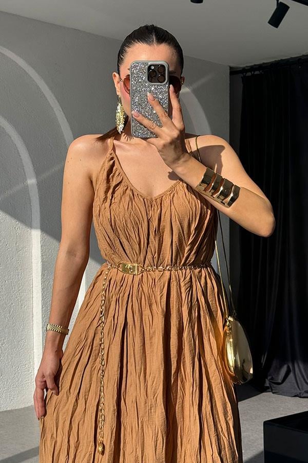 Rivest Askılı Camel Elbise